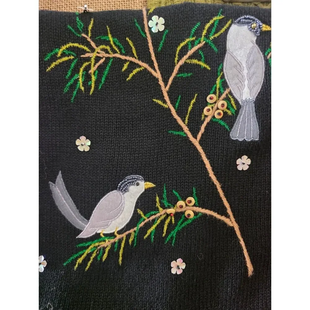 Vintage Designer's Original Cabincore Birds Beaded Knitted Cardigan Vest Women L